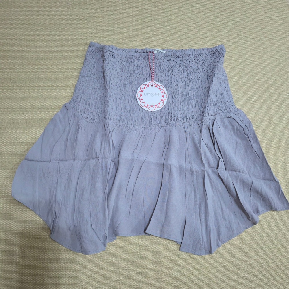 Umgee‎ Smocked Waist Mini Skirt Lavender Grey Boho Ruffle Tiered Flowy Large New